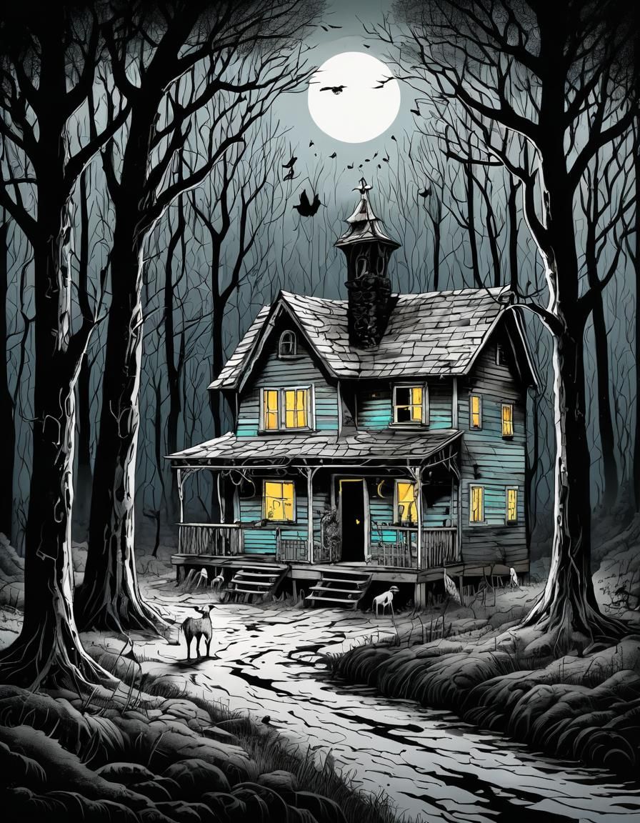 Haunted Shack in Woods with Ghostly Figures