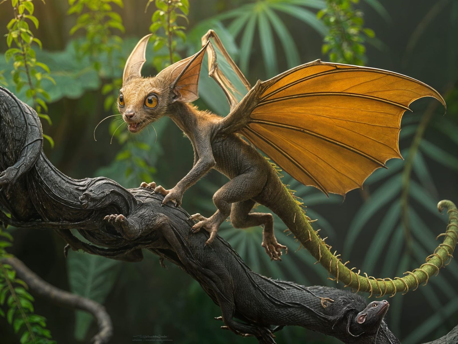 Furry Dragon Leaps from Jungle Tree in Moonlight