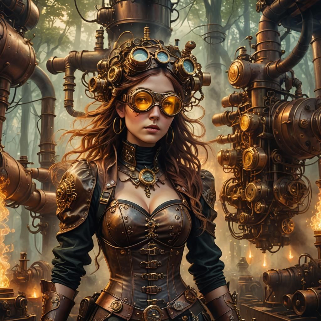 Steampunk Sprite in Mystical Forest, Digital Matte Painting