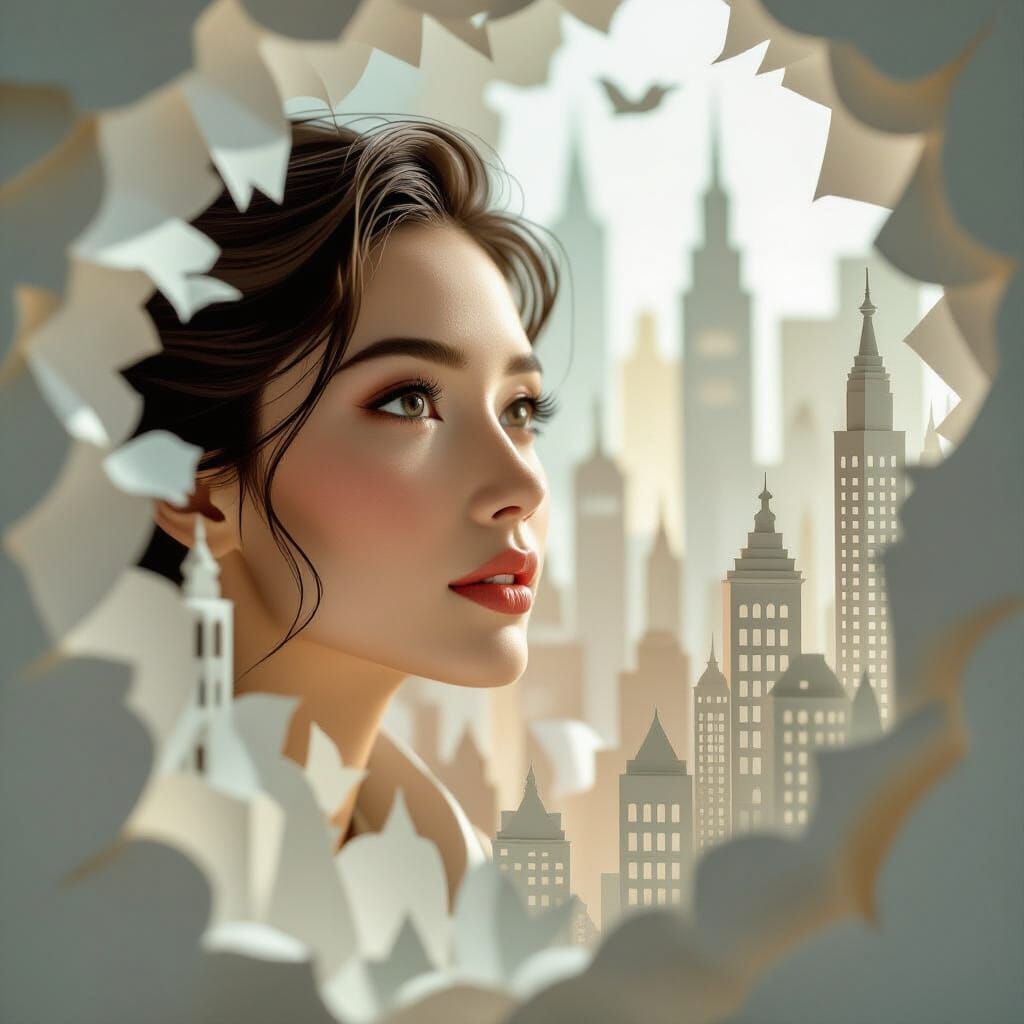 Stunning Woman Explores Papercraft Cityscape