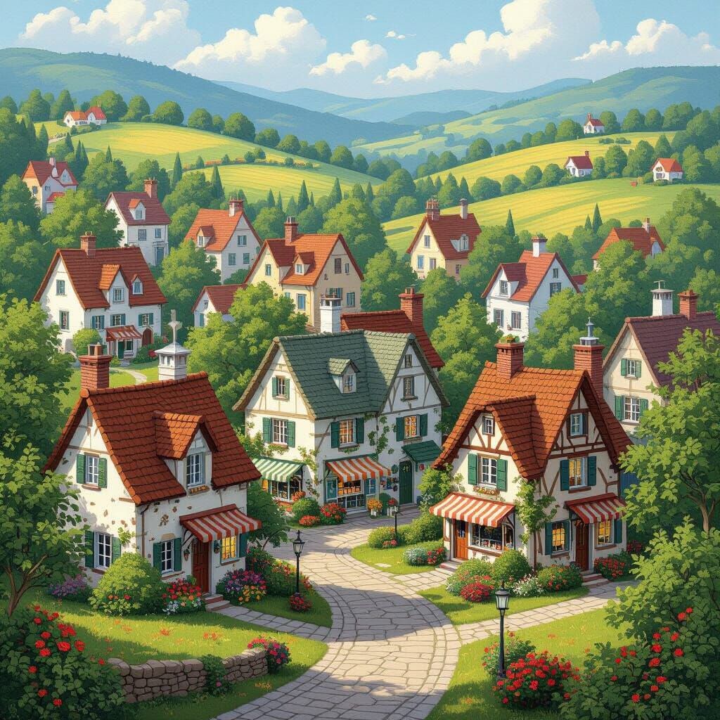 Charming Village Scene in Dreamy Painterly Style