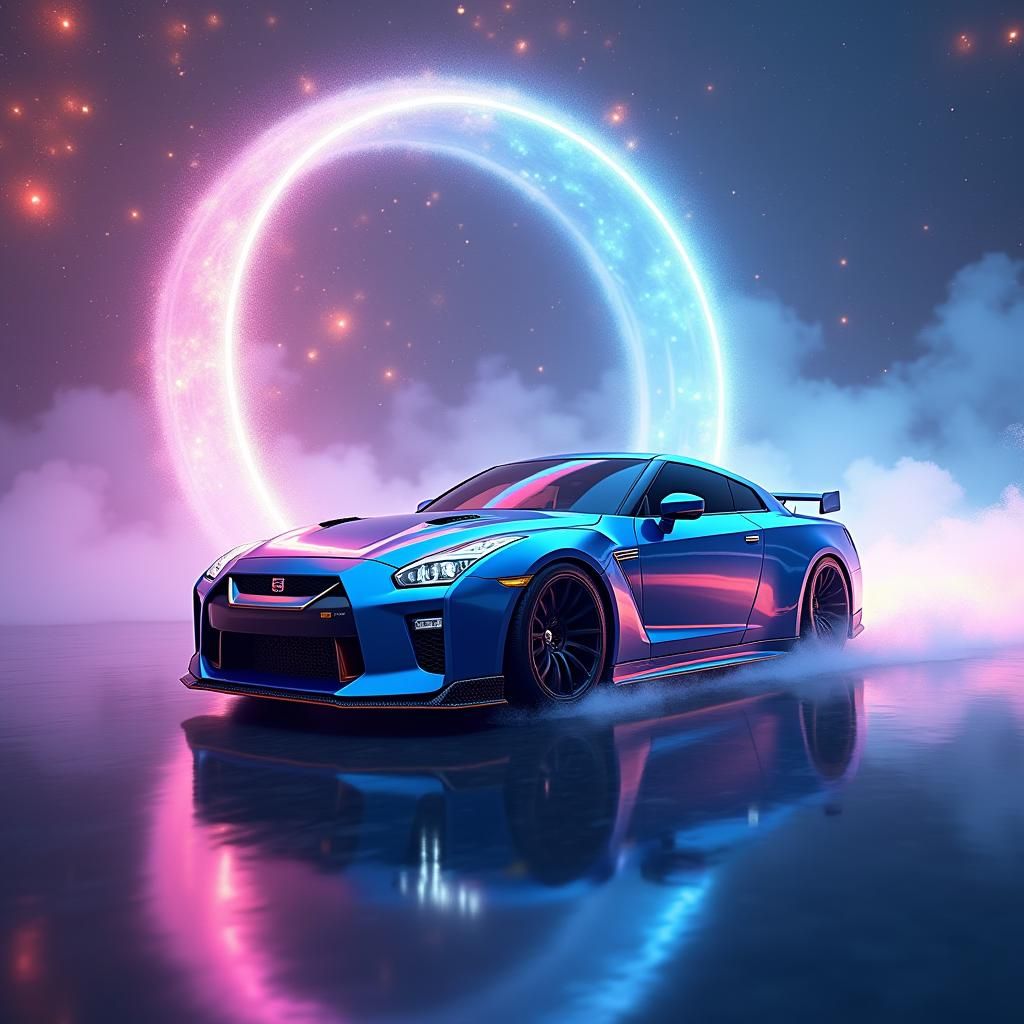Nissan GT-R Speeds Through Nebula in Fantasy Art