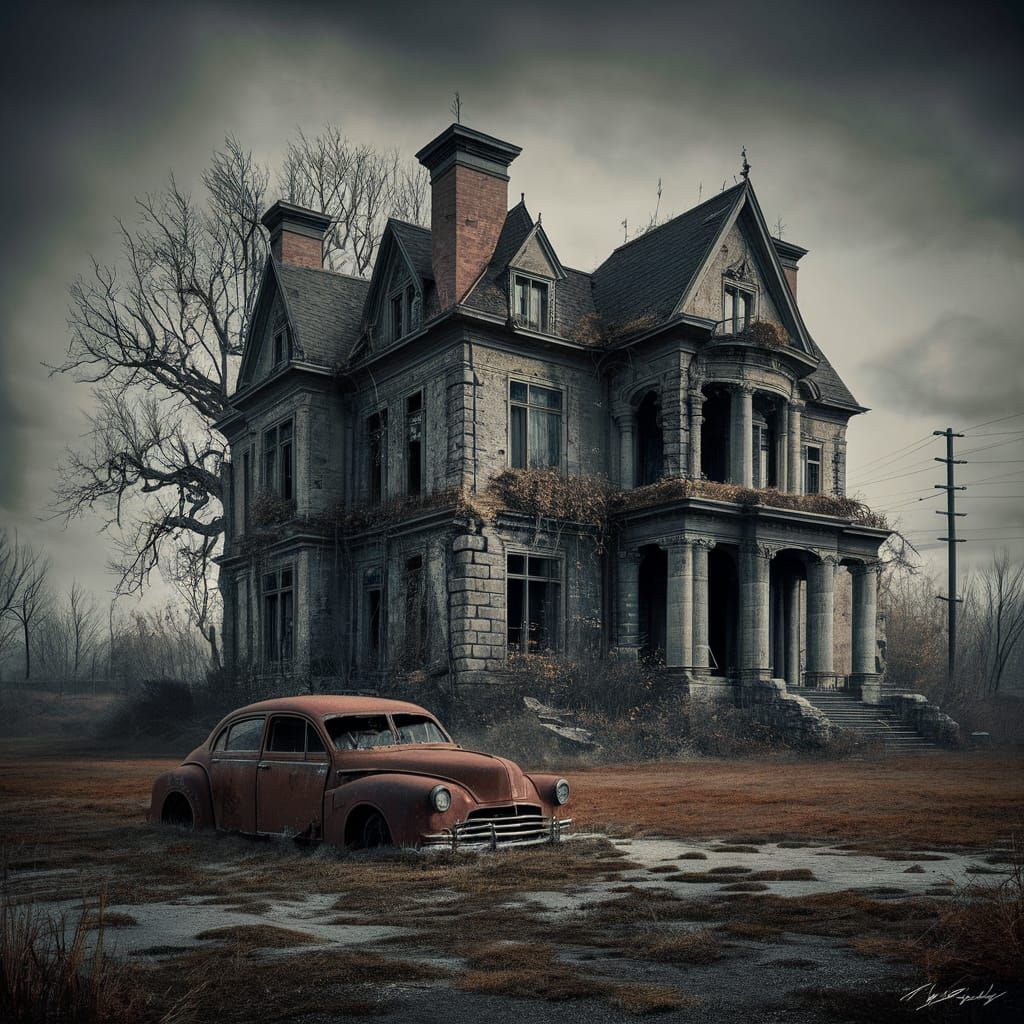 Eerie Dark Fantasy Mansion in Autumn Landscape