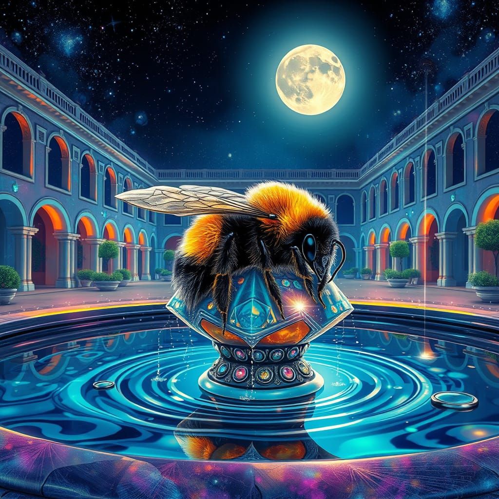Sleepy Bumblebee in Moonlit Fountain