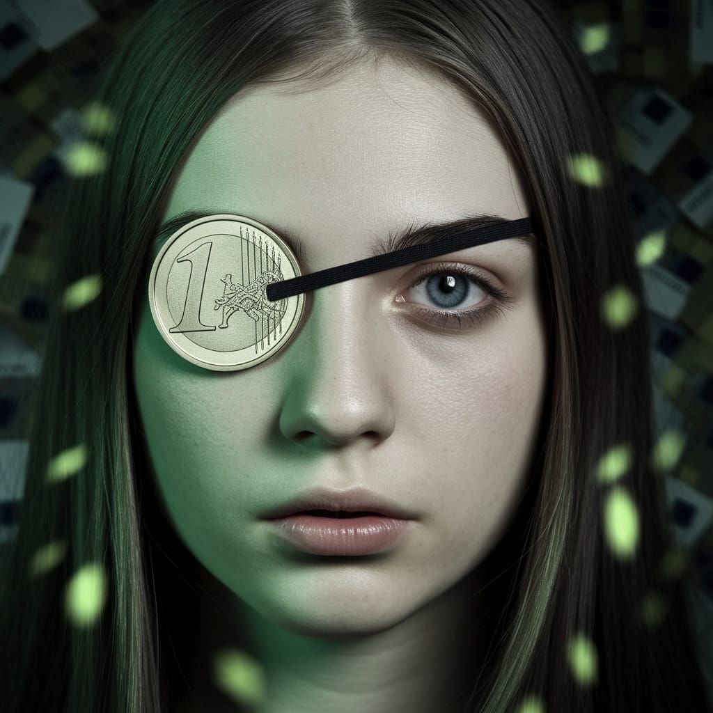 European Woman with Euro Coin Eyepatch in Fantasy Style