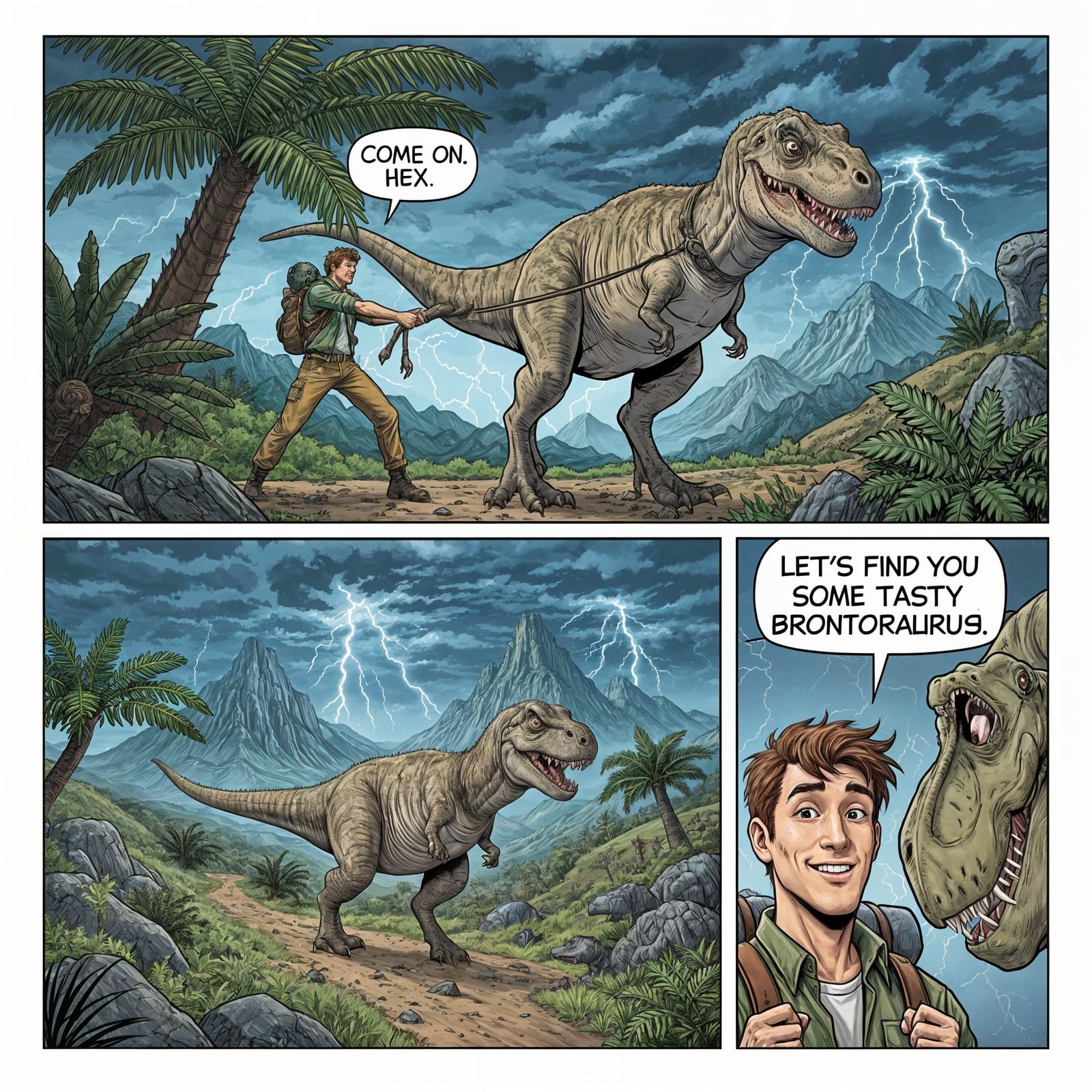 Comic Strip: Man Walks Pet T-Rex Through Jurassic Jungle