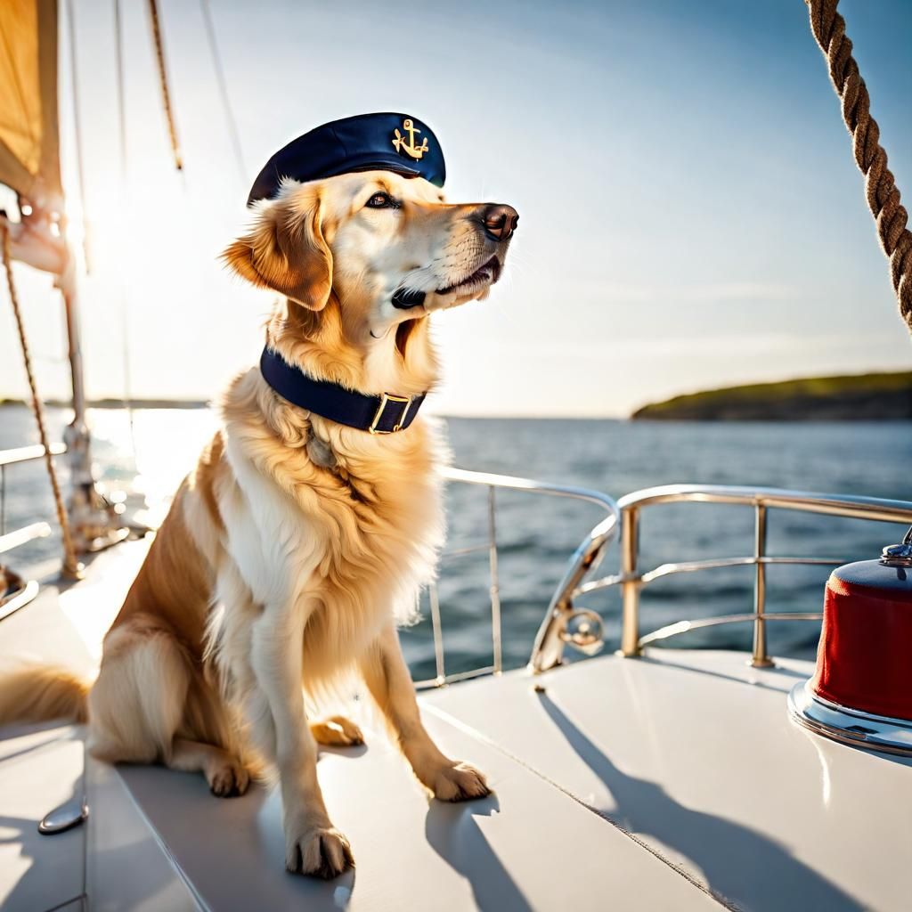 Retriever Dog Captain Sailing a Sunny Sea