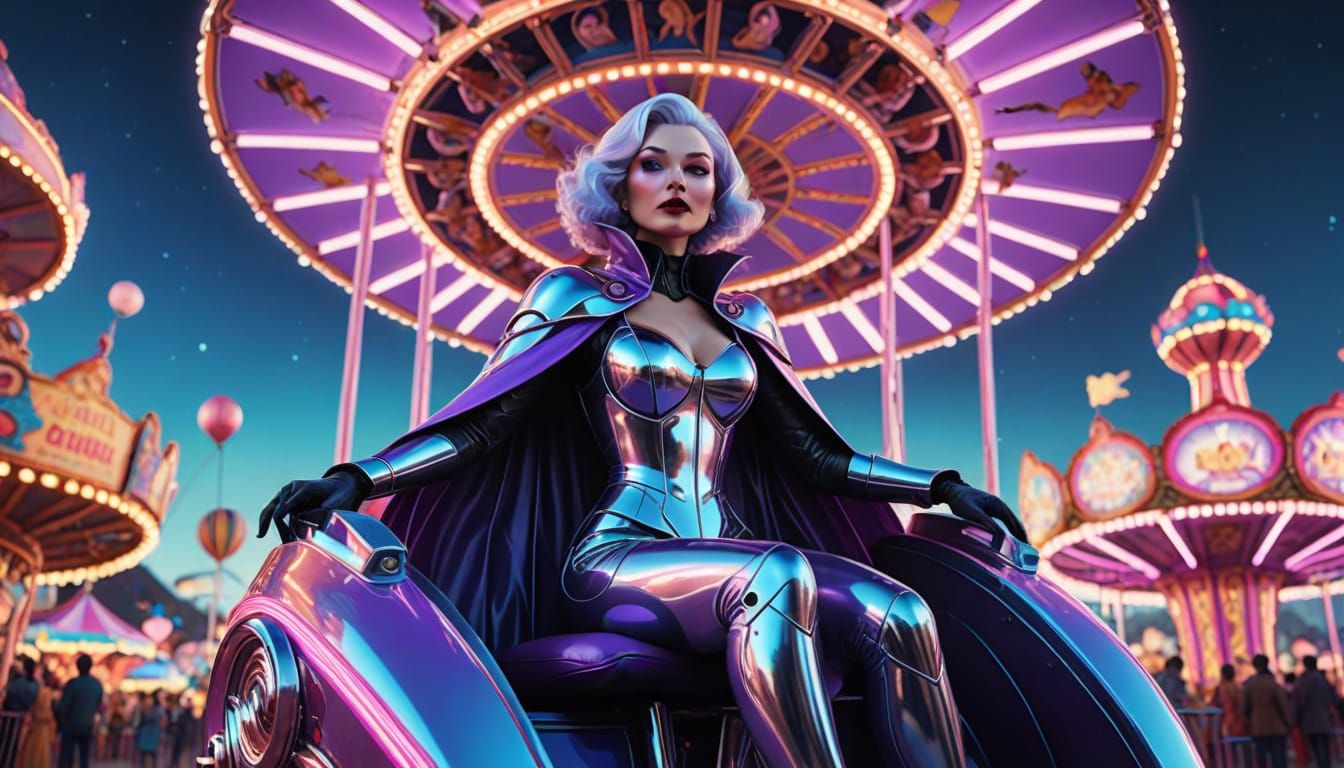 Futuristic Carnival Ride with Chrome Woman in Anime Style