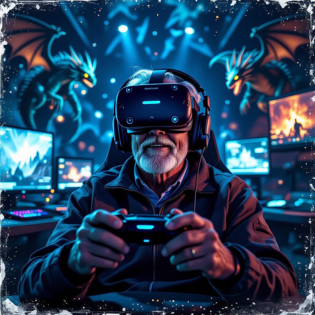 Elderly Gamer Battling Dragons in Virtual Reality, Detailed ...