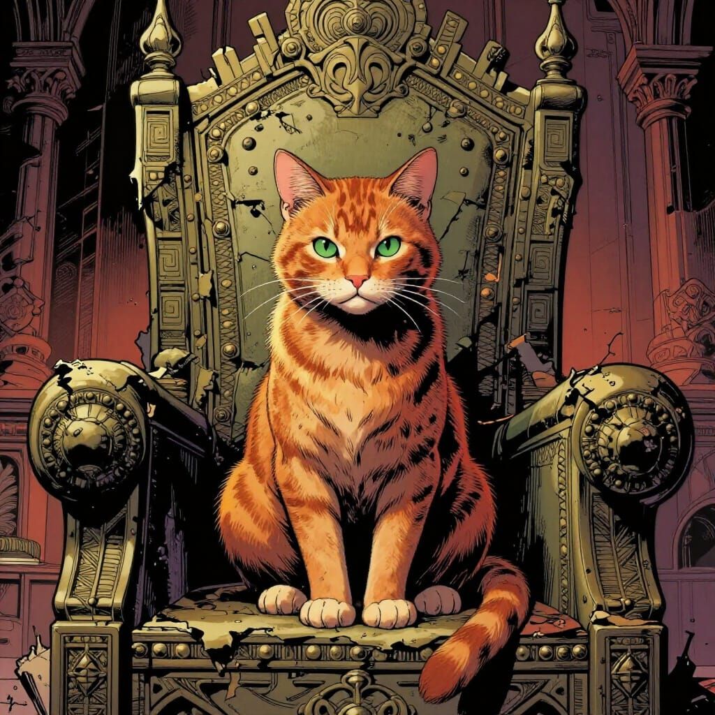 Regal Ginger Cat on Ancient Throne in Comic Style