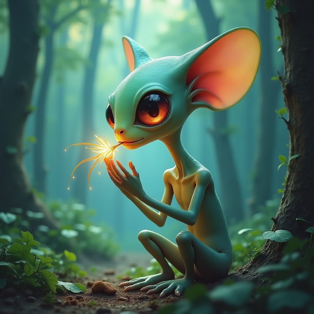 Alien Chewing Twig in Bioluminescent Forest