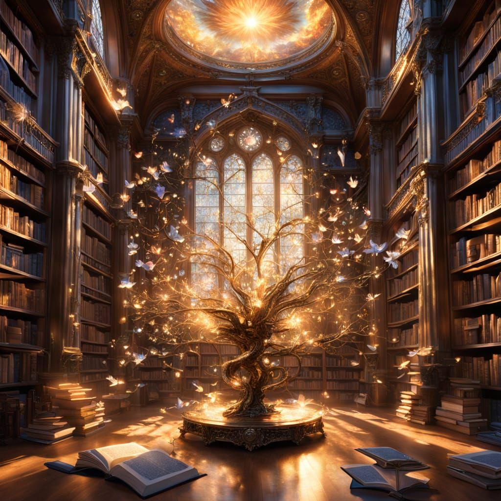 Celestial Blooms in Library, Dreamlike Ambiance