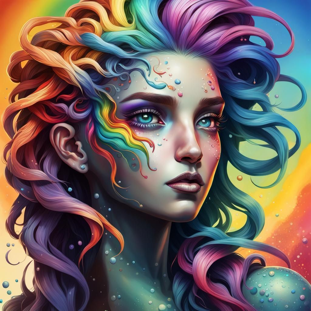 Hyperrealistic Gorgon with Rainbow Hair, Splash Art