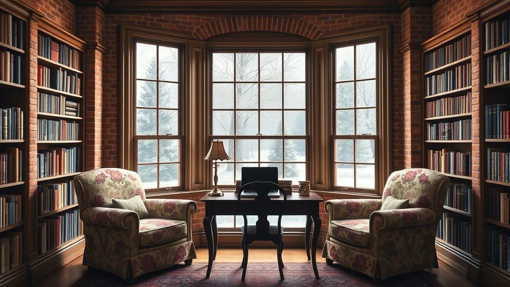 Victorian Library Oil Painting with Snowy Window View
