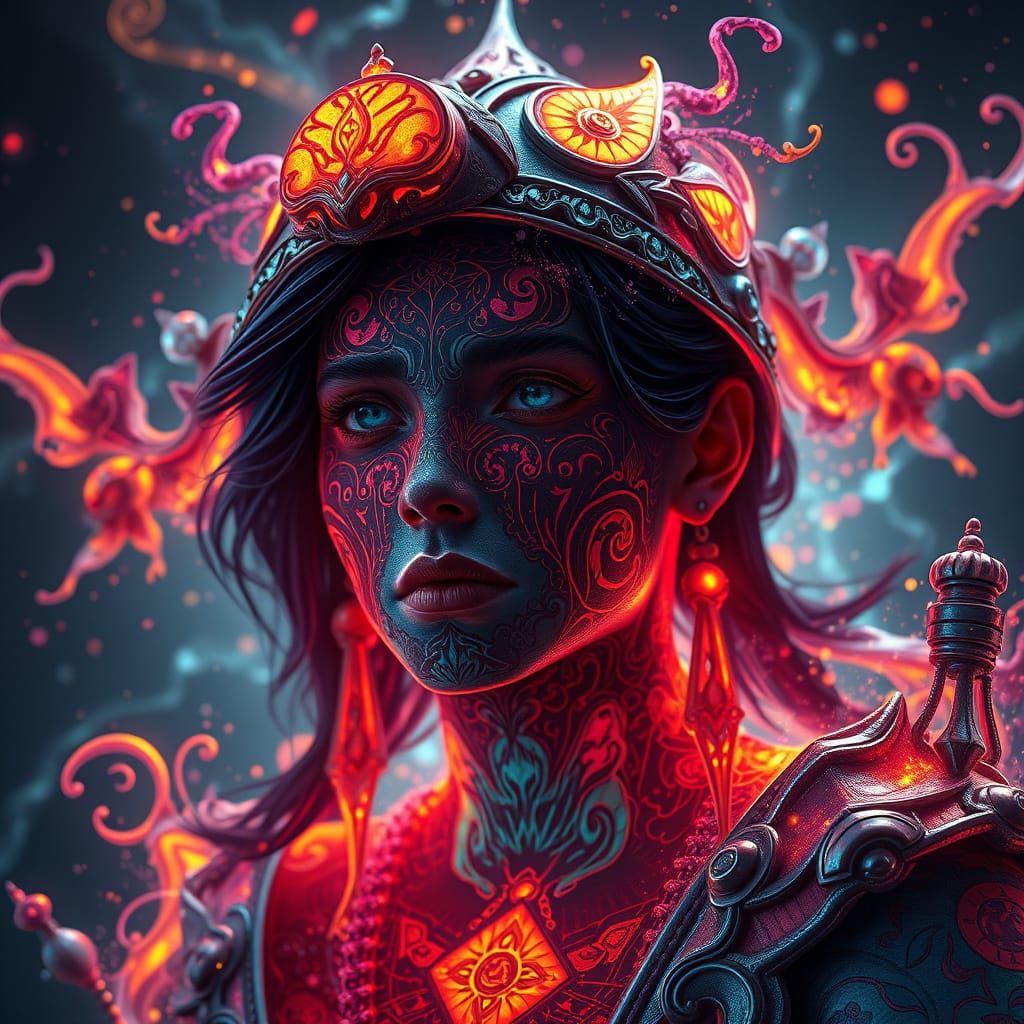 Ethereal Portrait in Dreamlike Art Nouveau and Cyberpunk Sty...