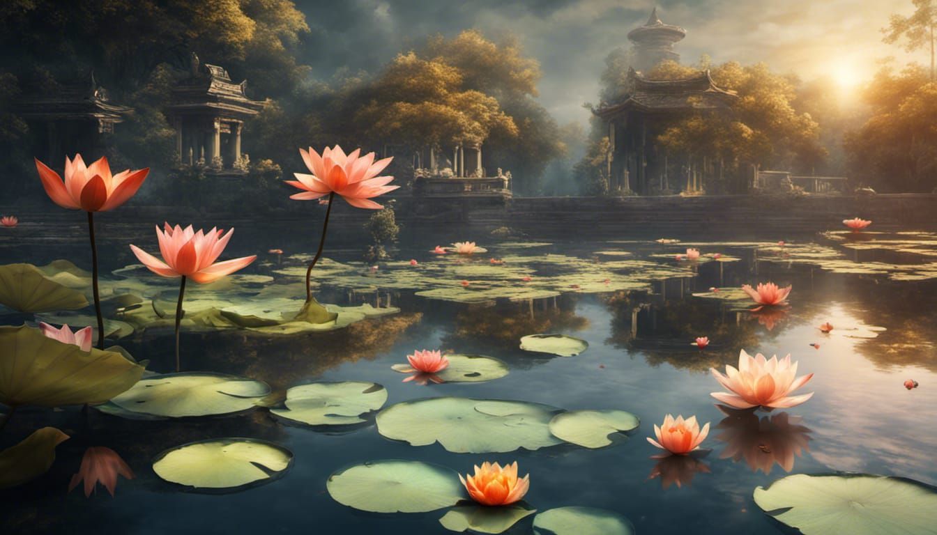 Magical Lagoon with Koi Fish and Lotus Flowers