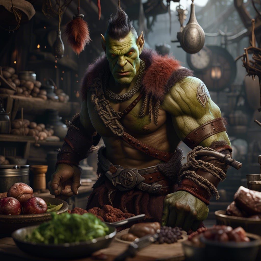 Half-Orc Barbarian Cook in Detailed Matte Painting