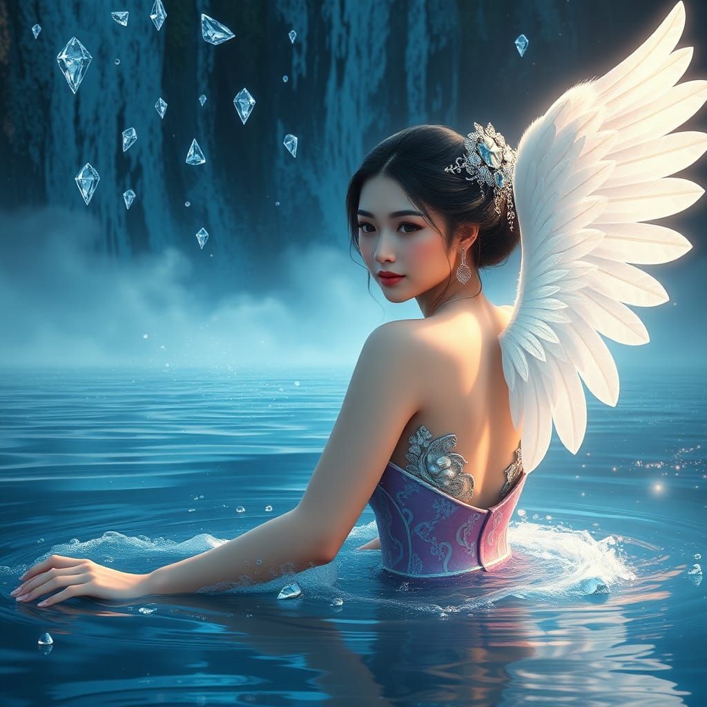 Kinnaree with Angel Wings in Diamond Waterfall