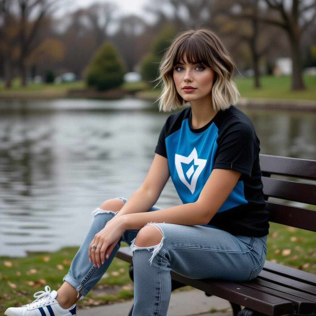 Woman on Park Bench by Pond, Cinematic Film Still
