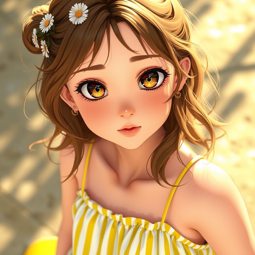 Hyper-Realistic Anime Girl in Bright Striped Sundress