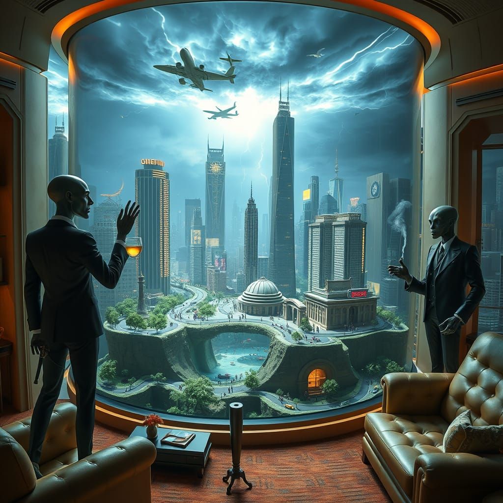Surreal Futuristic Scene with Alien Observers and Miniature ...