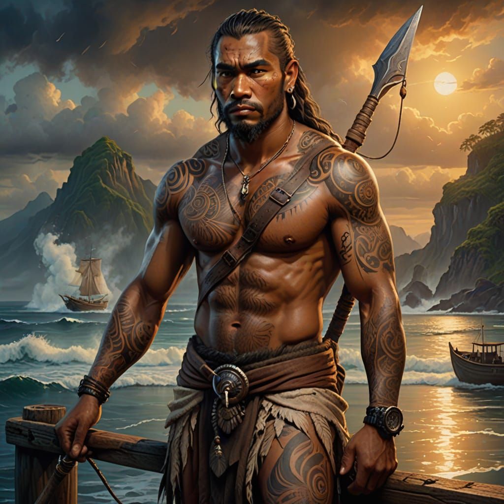 Tattooed Harpooner on a Wooden Dock