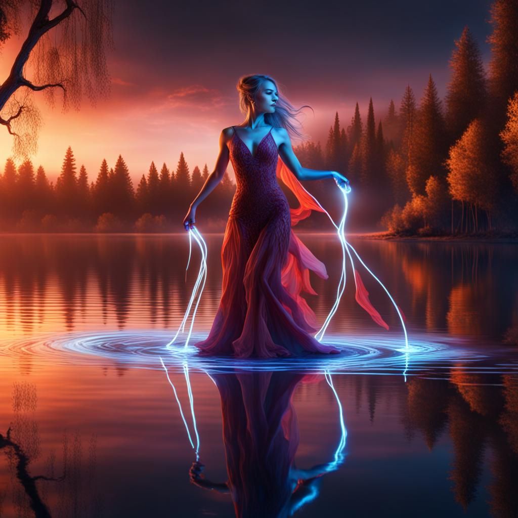 Woman Dancing on Lake in Light Painting Photo
