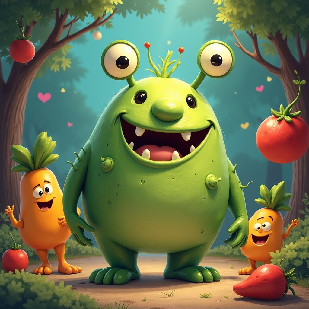 Krumm and Veggie Tales in Whimsical Cartoon Style