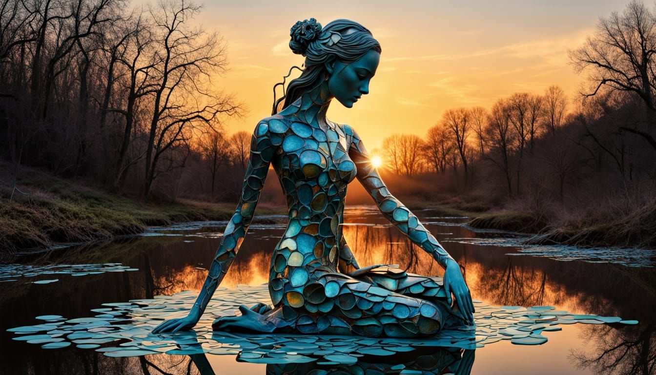 Surreal Fragmented Sculpture of Woman at Sunset