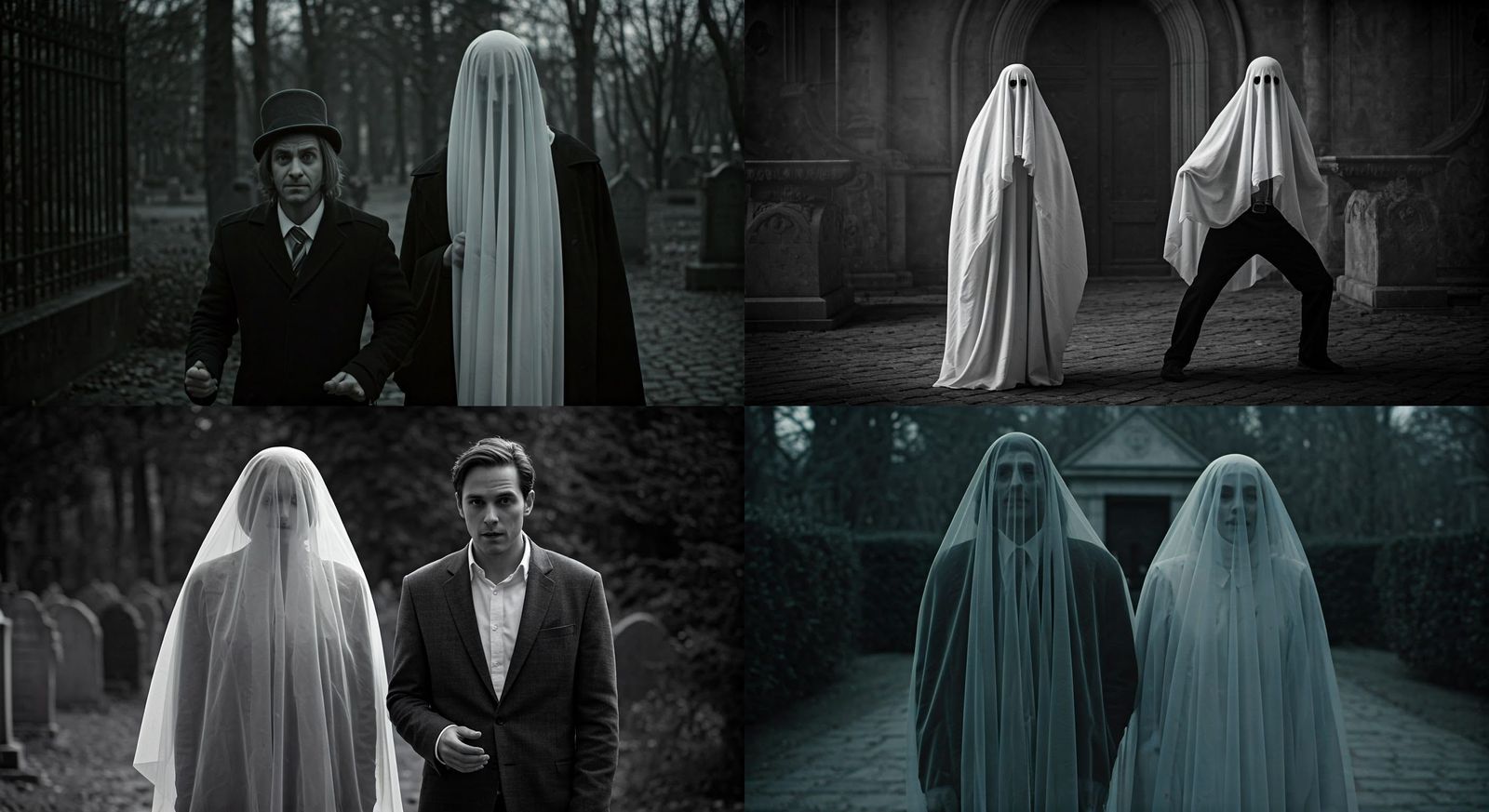 a black and white photo of a man and a woman, ghosts theme, ...