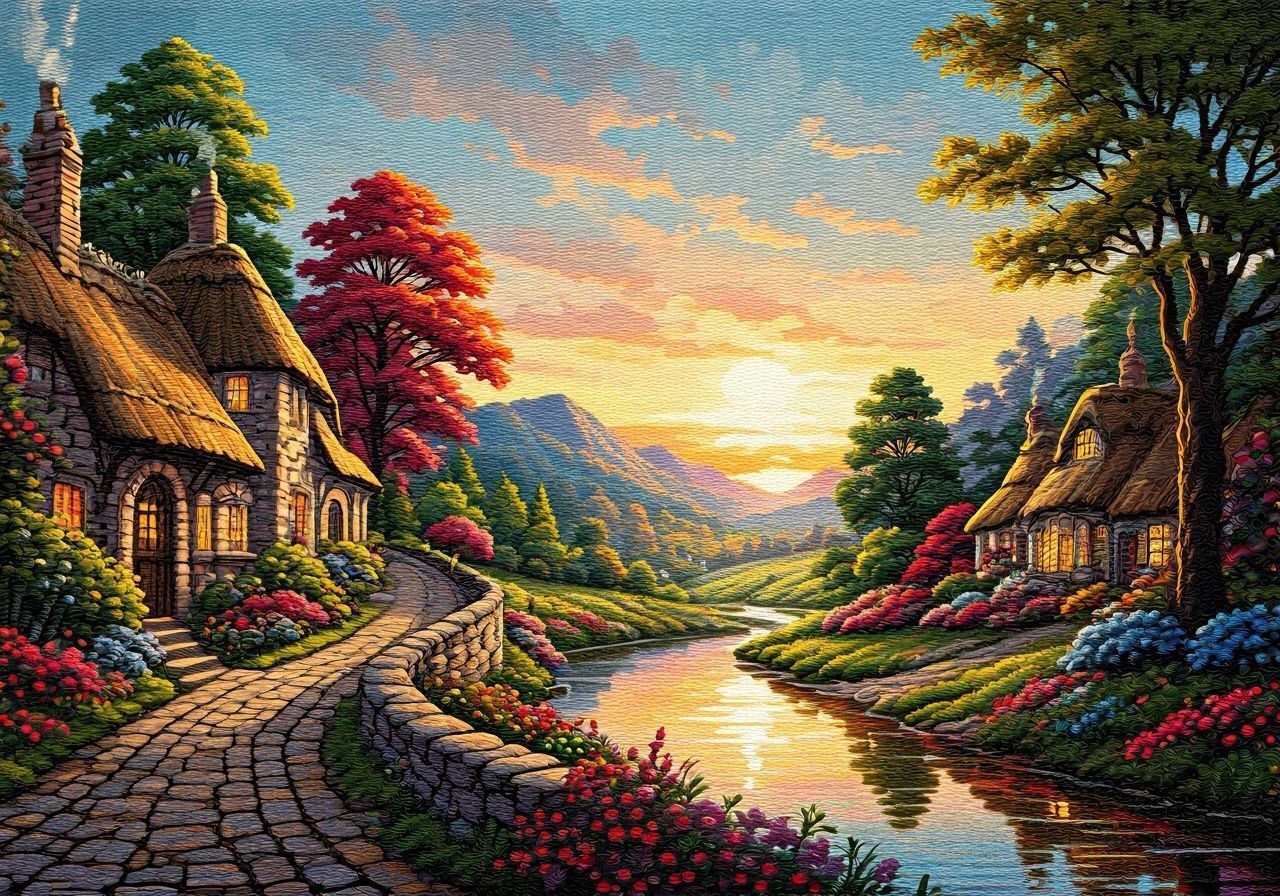 Detailed Needlepoint of Quaint Village at Sunset