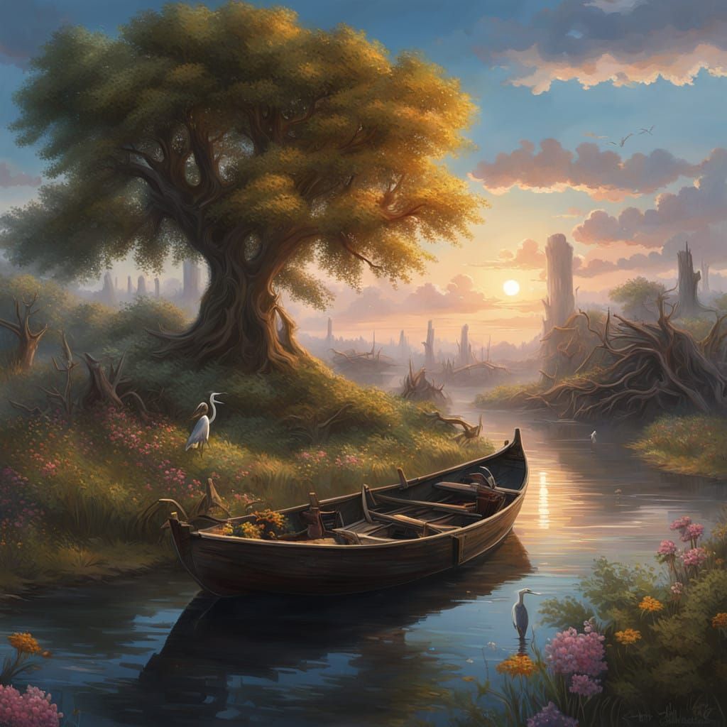 Tranquil Orinoco River Sunset in Hyper-Realistic Style