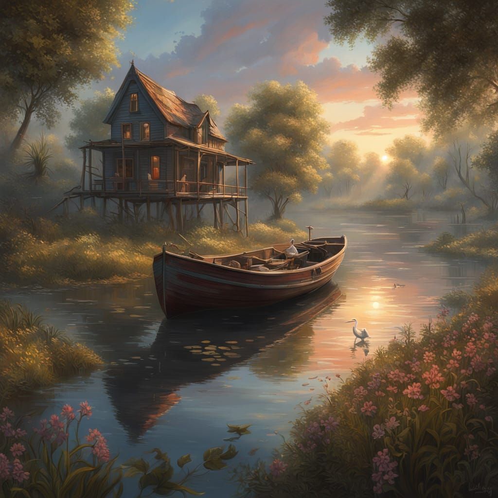 Tranquil Orinoco River Scene with Majestic Herons and Sunset