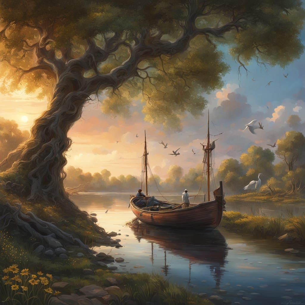 Tranquil Orinoco River Scene with Majestic Herons and Sunset