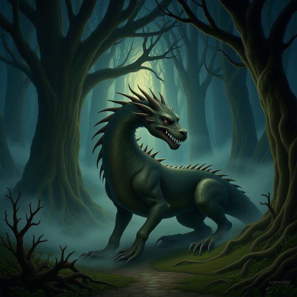 Misty Forest Dragon Slumbers Beneath Ancient Trees