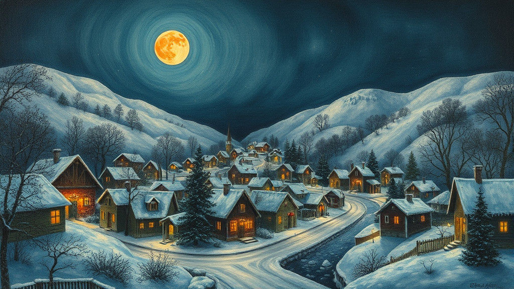 Moonlit Nordic Town in Mixed Media Style