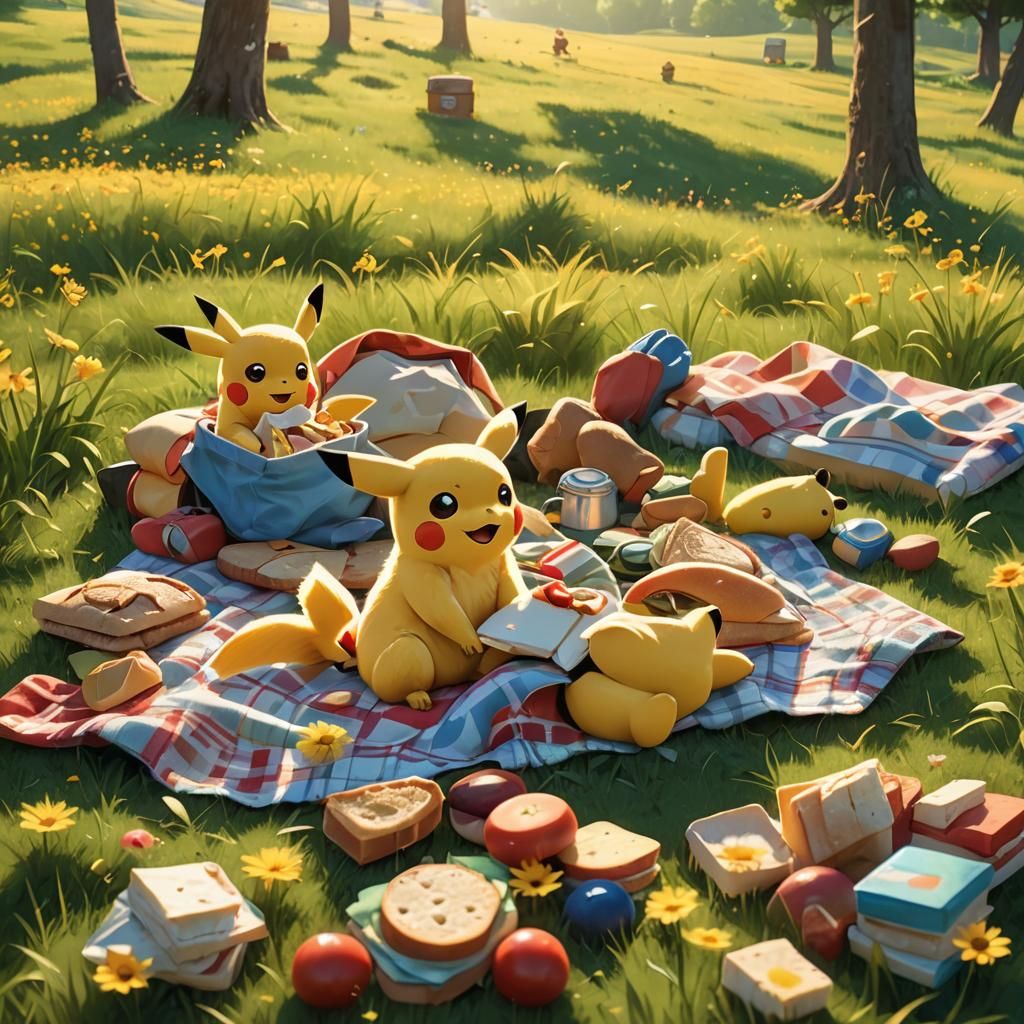 Pikachu and Ash Picnic: Pixar-Style Digital Art
