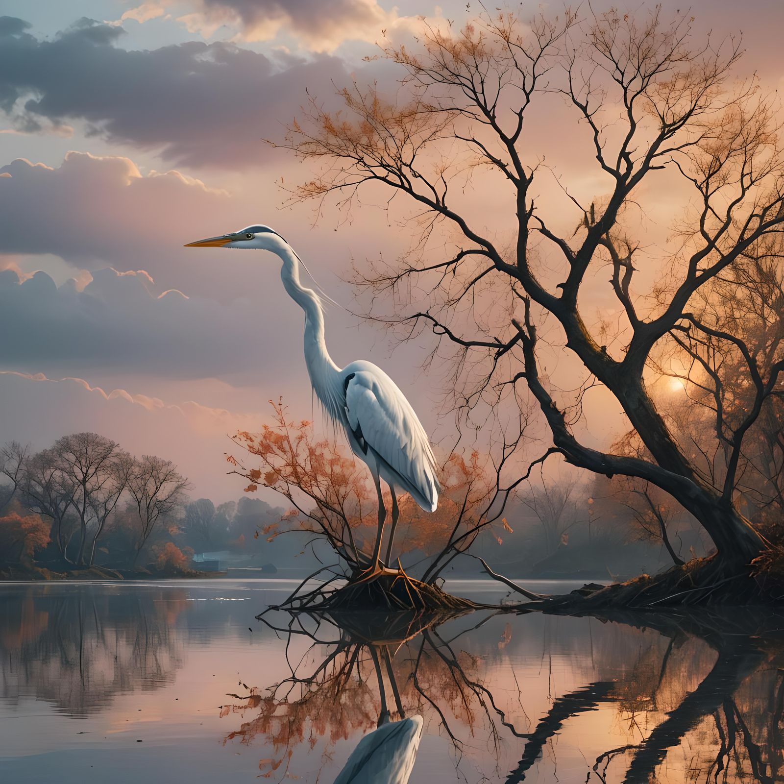 White Heron in Lagoon at Sunset: Hyperrealistic