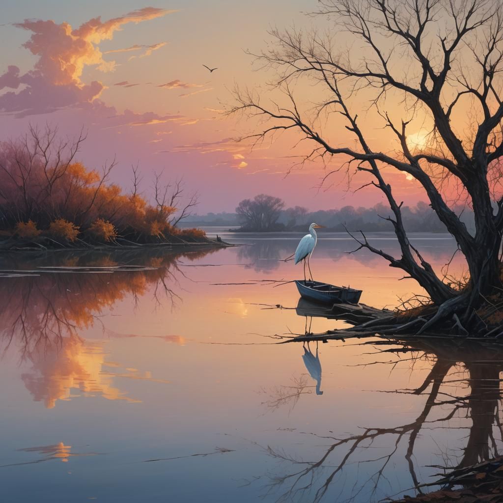 White Heron at Sunset: Hyperrealistic Landscape Art