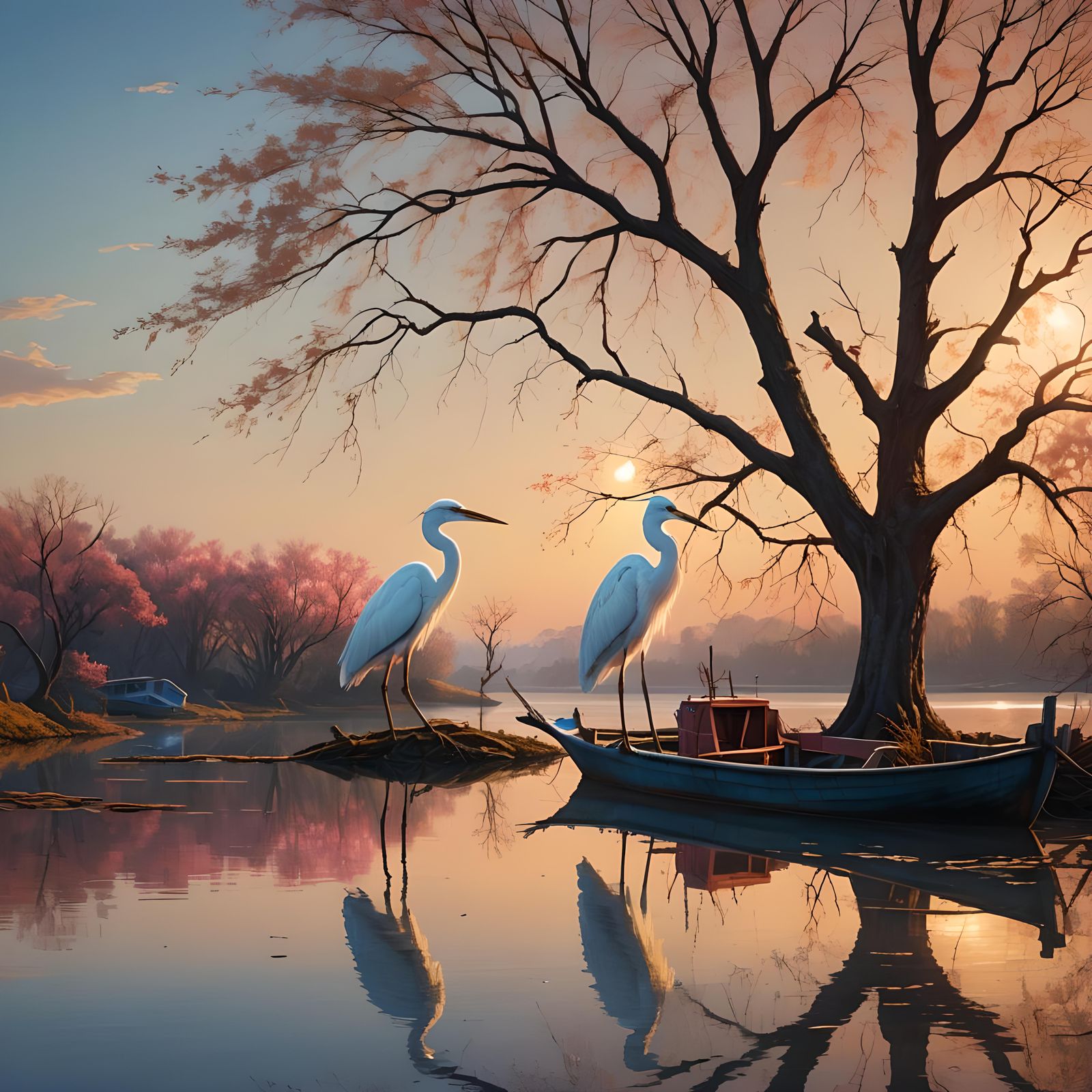 Heron at Sunset in Serene Lagoon