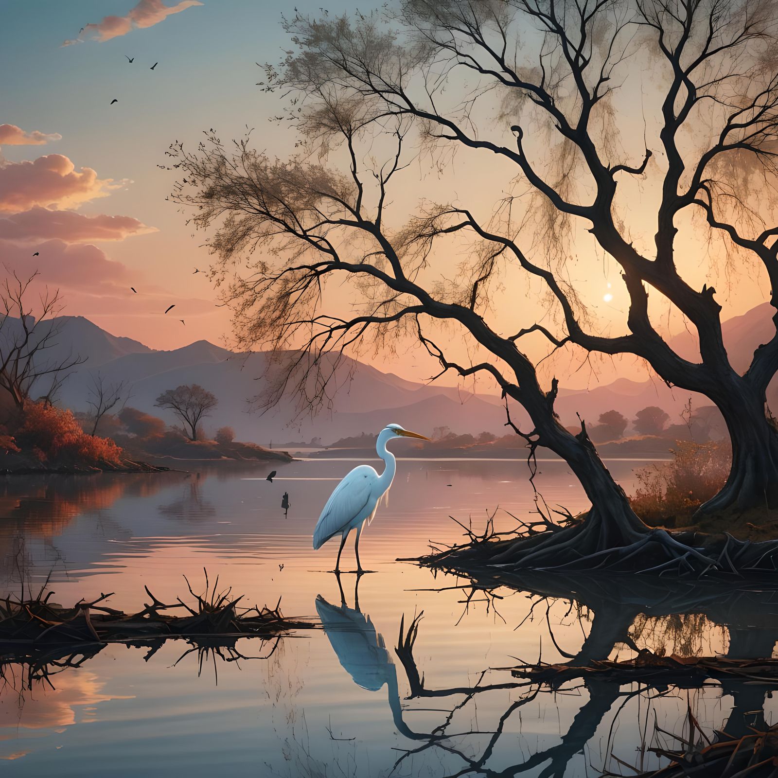 White Heron at Sunset in Serene Lagoon