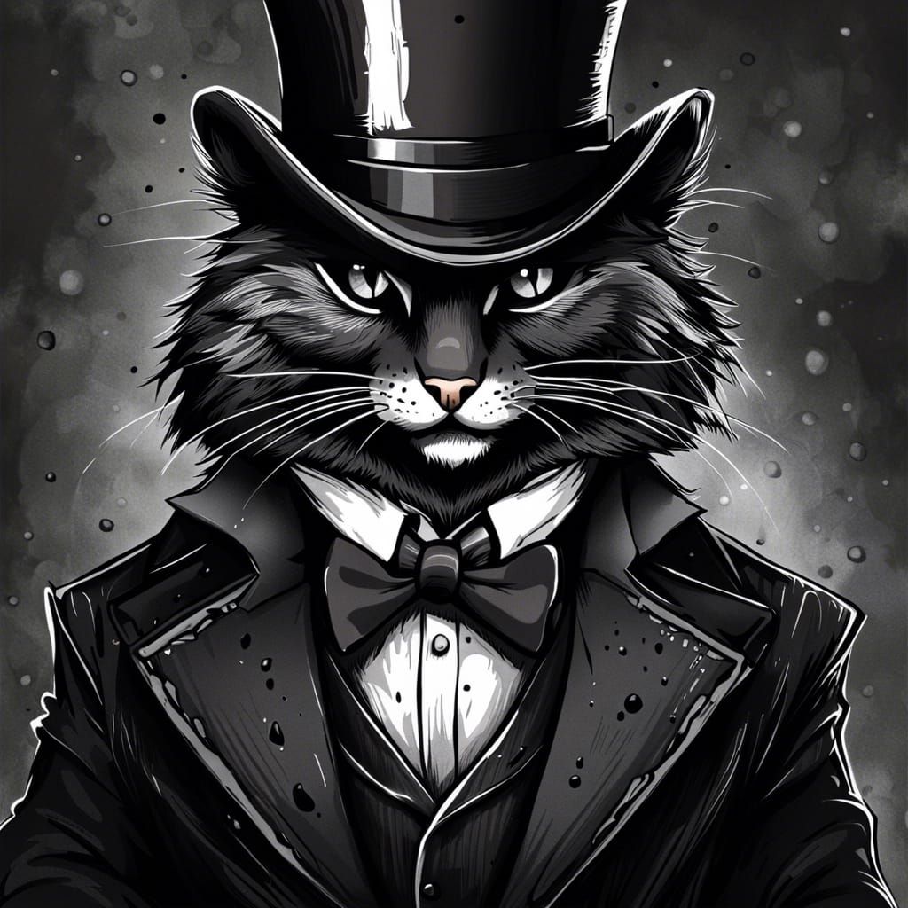 Dapper Cat in Suit: Black and White Ink Art