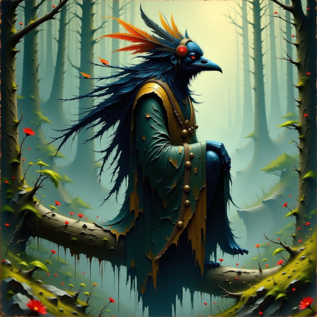 Crow in Tribal Headdress on Misty Branch