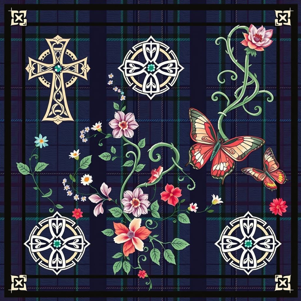 Celtic-Inspired Fabric Tile with Ornate Celtic Crosses and W...