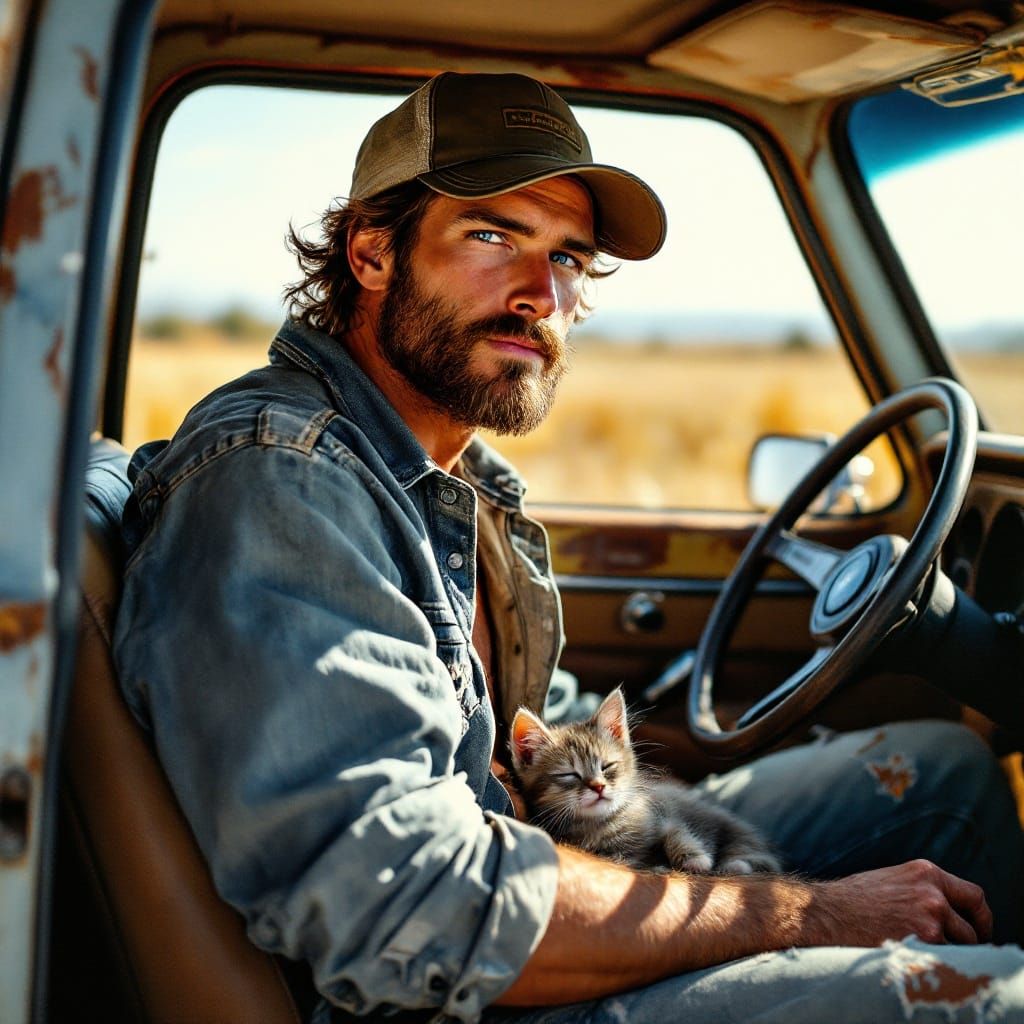 A ruggedly handsome 35 year old blue-eyed country boy wearing a faded ball cap and distressed denim jeans, driving a vin...
