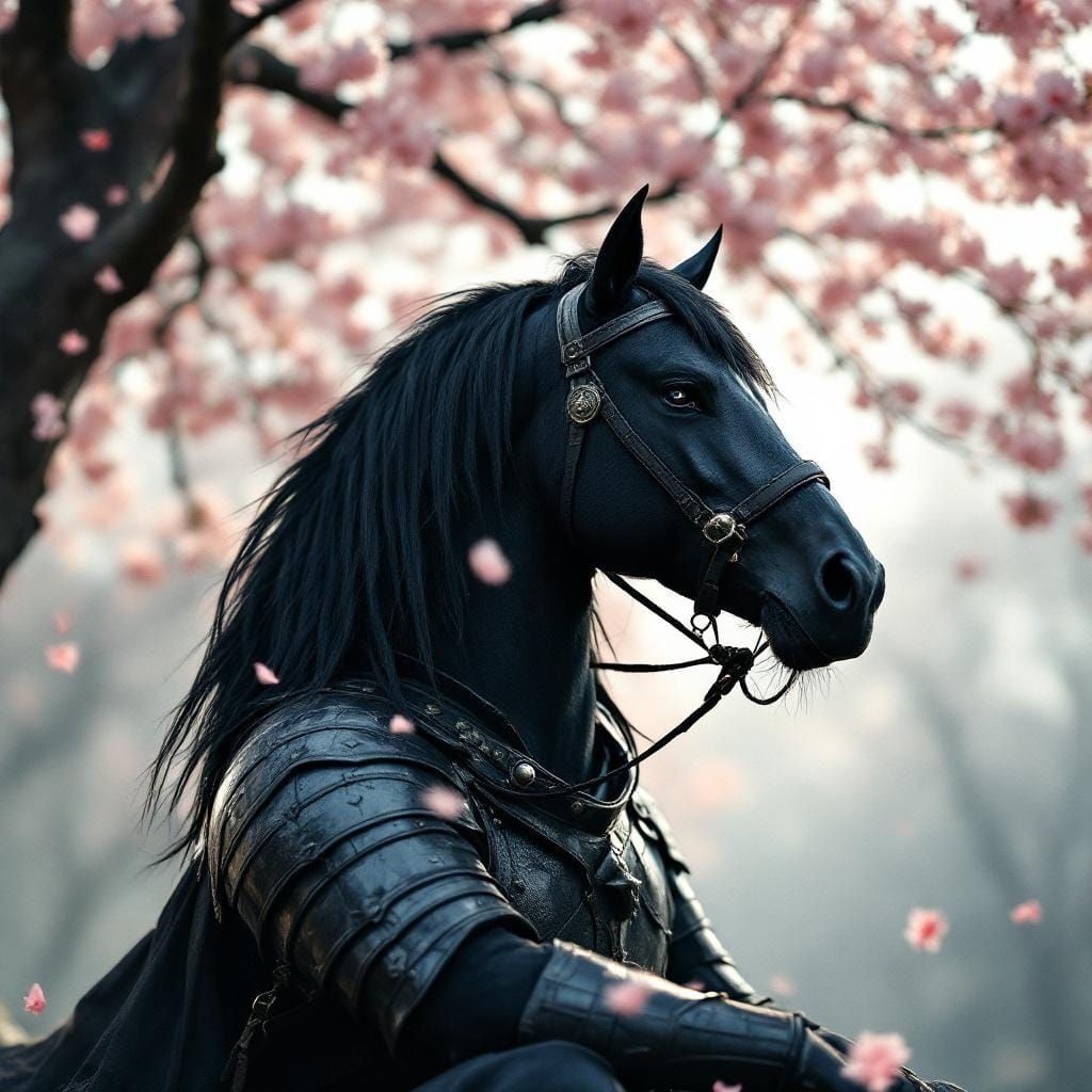 Black Horse Centaur in Leather Armor Under Cherry Tree
