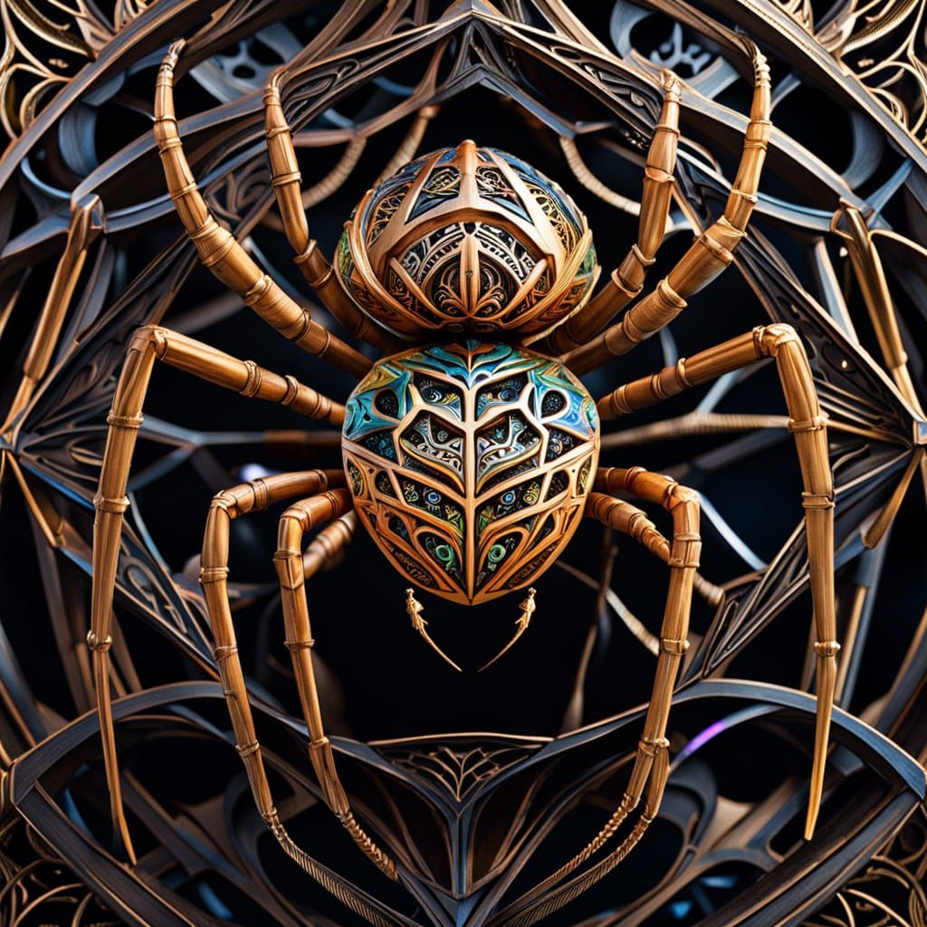 Intricate Wooden Spider in William Blake Style