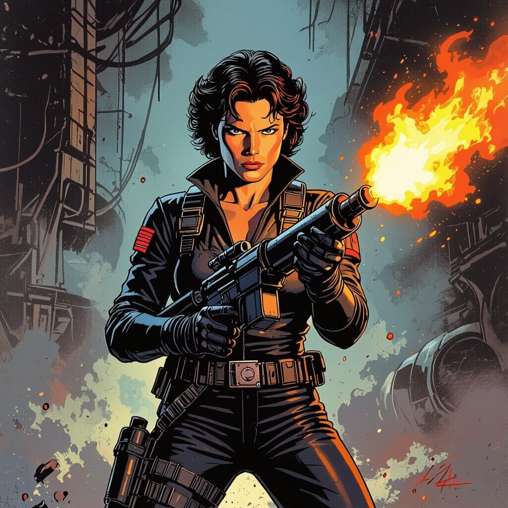 Ripley with Flamethrower in 1980s Comic Style