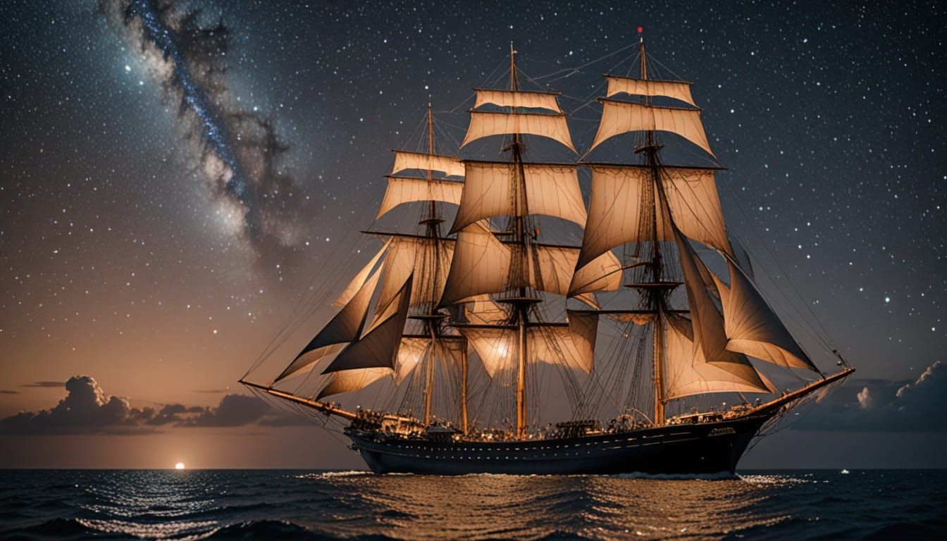 3-Masted Ship Sailing Through Starry Outer Space