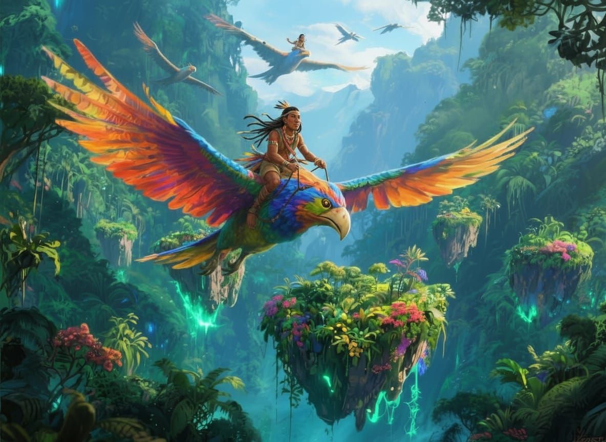 Vibrant Floating Islands Above Lush Jungle with Exotic Birds